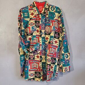 Vtg 90s Roper Wild Bright Aztec Print LS Western Rodeo Shirt XLT Pearl Snap Mens